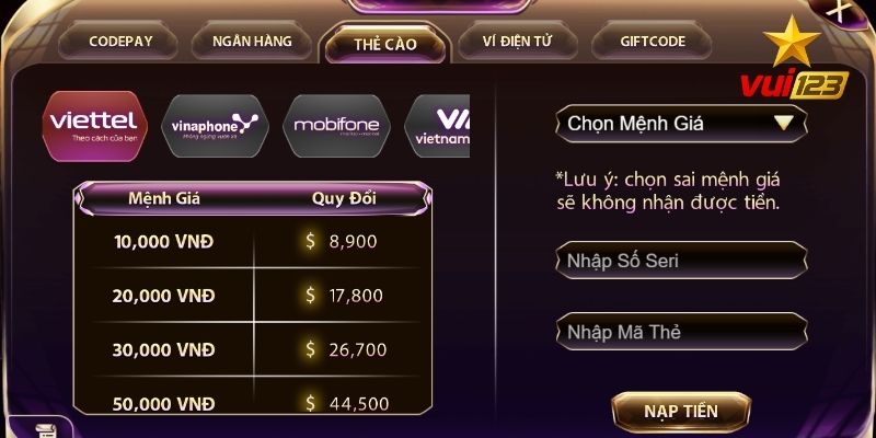 Điều kiện nạp tiền Vui123 thành công